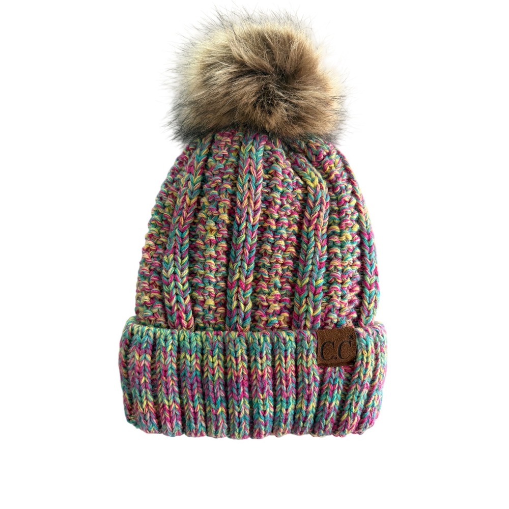 CC Beanie Womens Multi Color Knit Pom Pom Hat Fleece Lined Winter Beanie